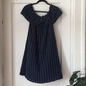 Navy blue and white striped off the shoulder dress